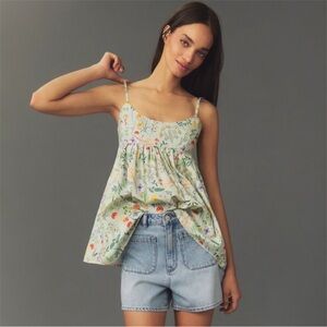 Anthropologie Hutch Floral Smocked Babydoll Sleeveless Tank Top Green Size Large